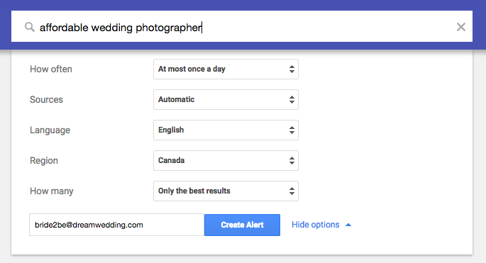 Image of google alerts window to help brides find affordable wedding photographers. 
