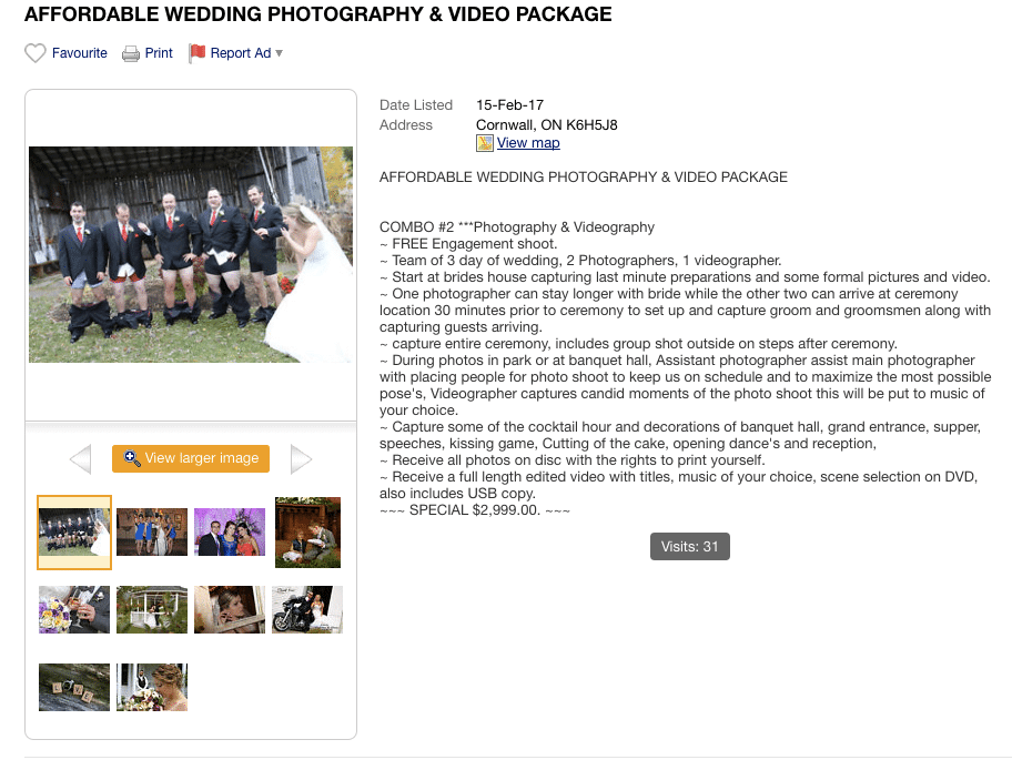 Image of a Kijiji post that will help you find a discount wedding photographer. 